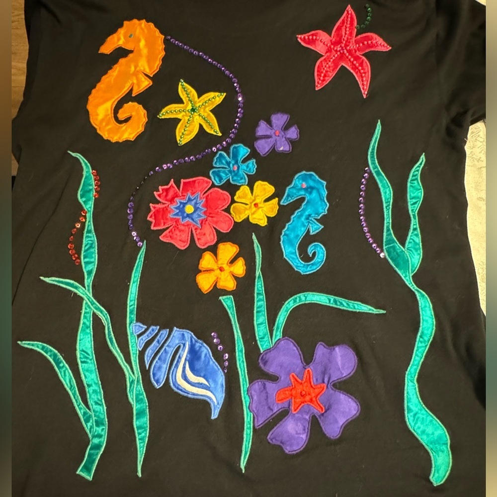 90’s Tunic Colorful Sea Life Tropical Embroidered Beaded Appliqué Grannycore 1X - Picture 8 of 14